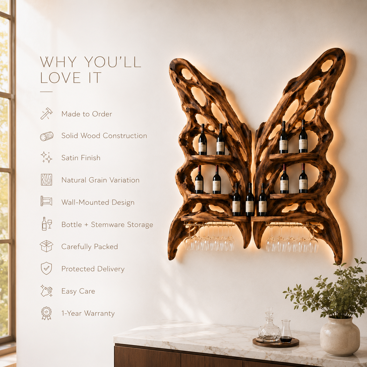 Solid Wood Wall Wine Rack with Glass Holder - Floating Rail - product image 09