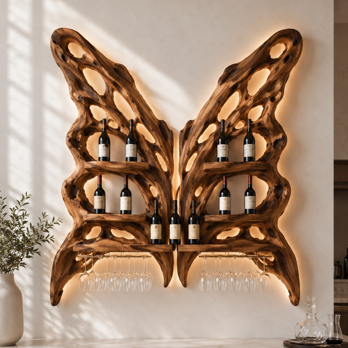 Solid Wood Wall Wine Rack with Glass Holder - Floating Rail - square cover image