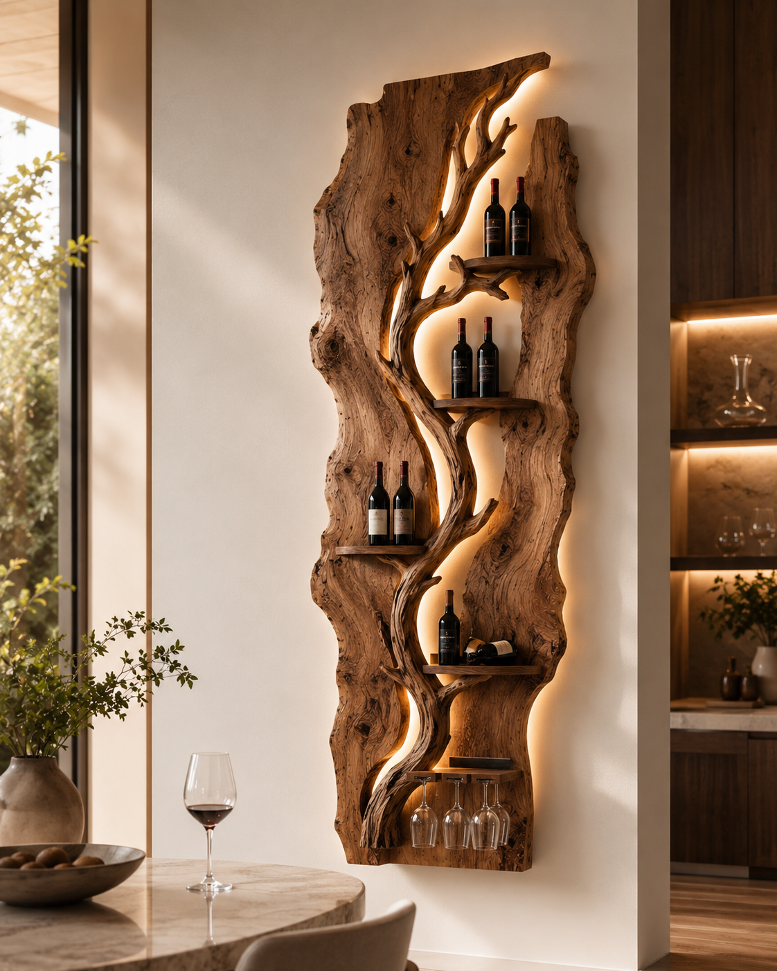 Solid Wood Wall Wine Rack with Glass Holder - River Form - main view