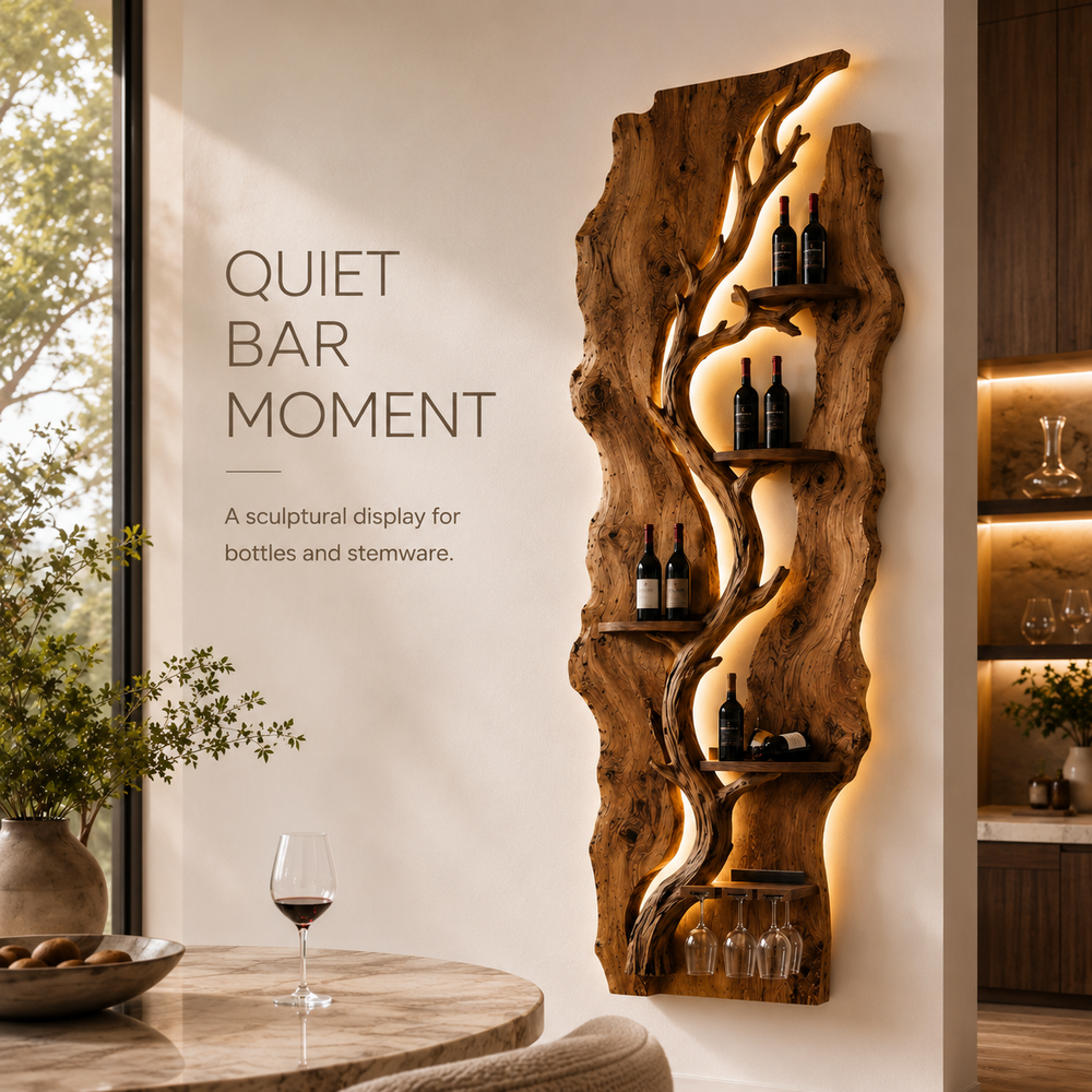 Solid Wood Wall Wine Rack with Glass Holder - River Form - product image 02