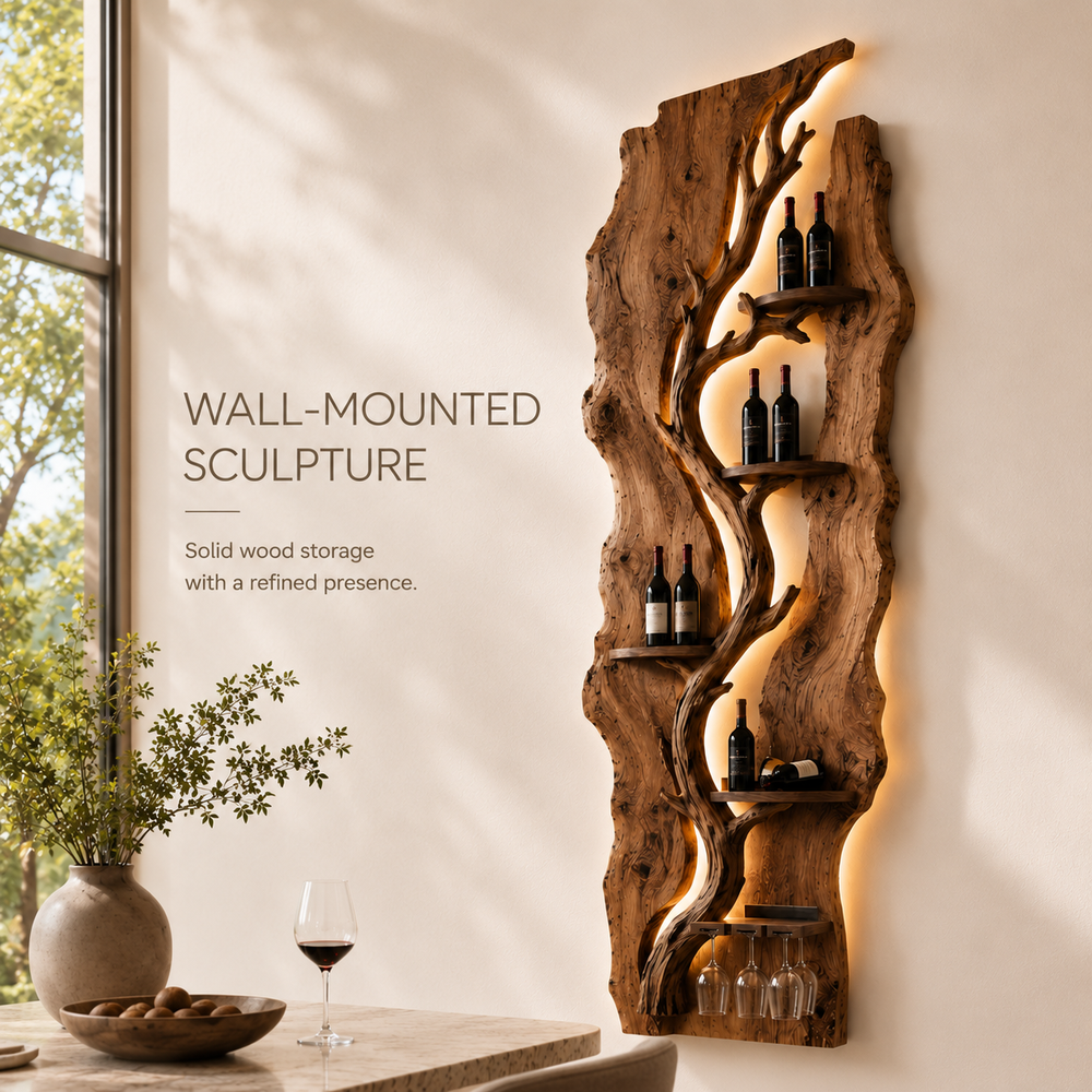 Solid Wood Wall Wine Rack with Glass Holder - River Form - product image 03