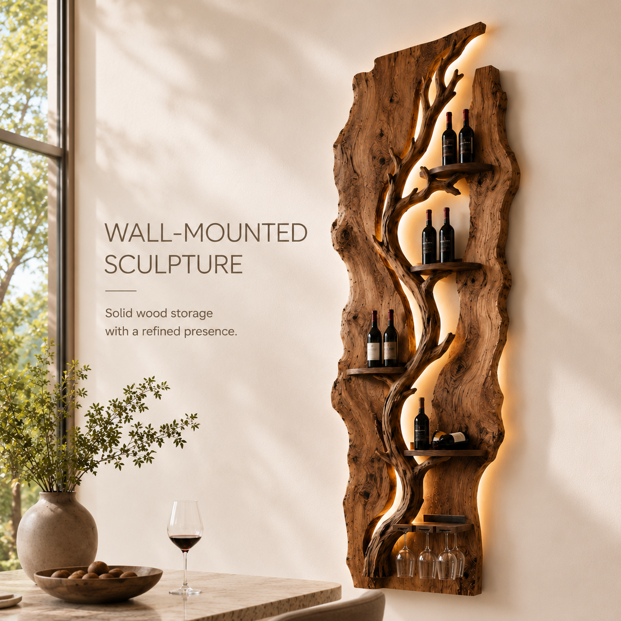 Solid Wood Wall Wine Rack with Glass Holder - River Form - product image 03