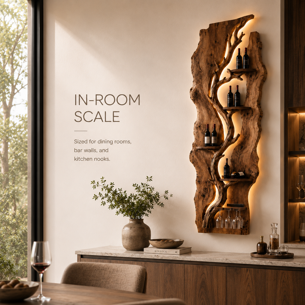 Solid Wood Wall Wine Rack with Glass Holder - River Form - product image 04