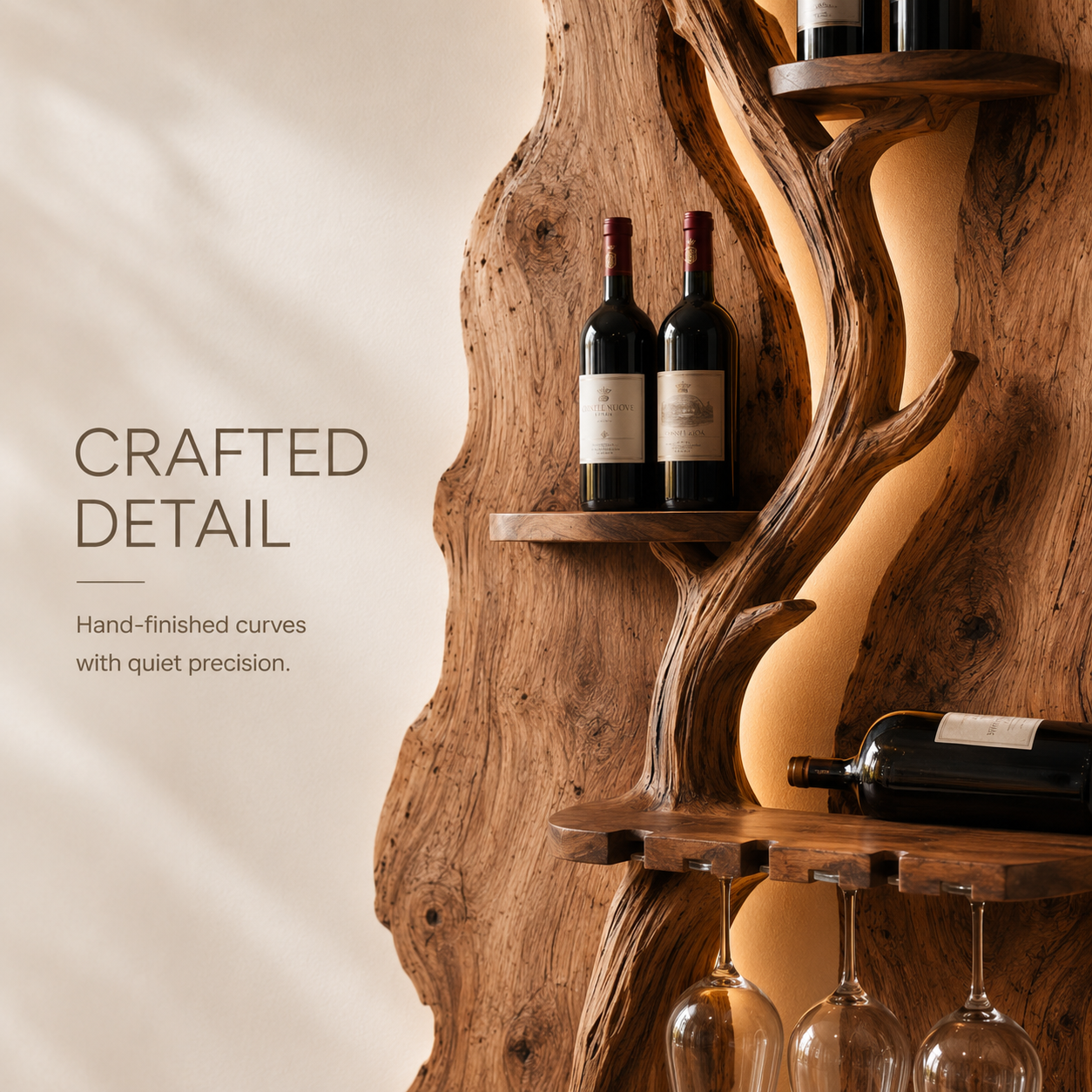 Solid Wood Wall Wine Rack with Glass Holder - River Form - product image 06