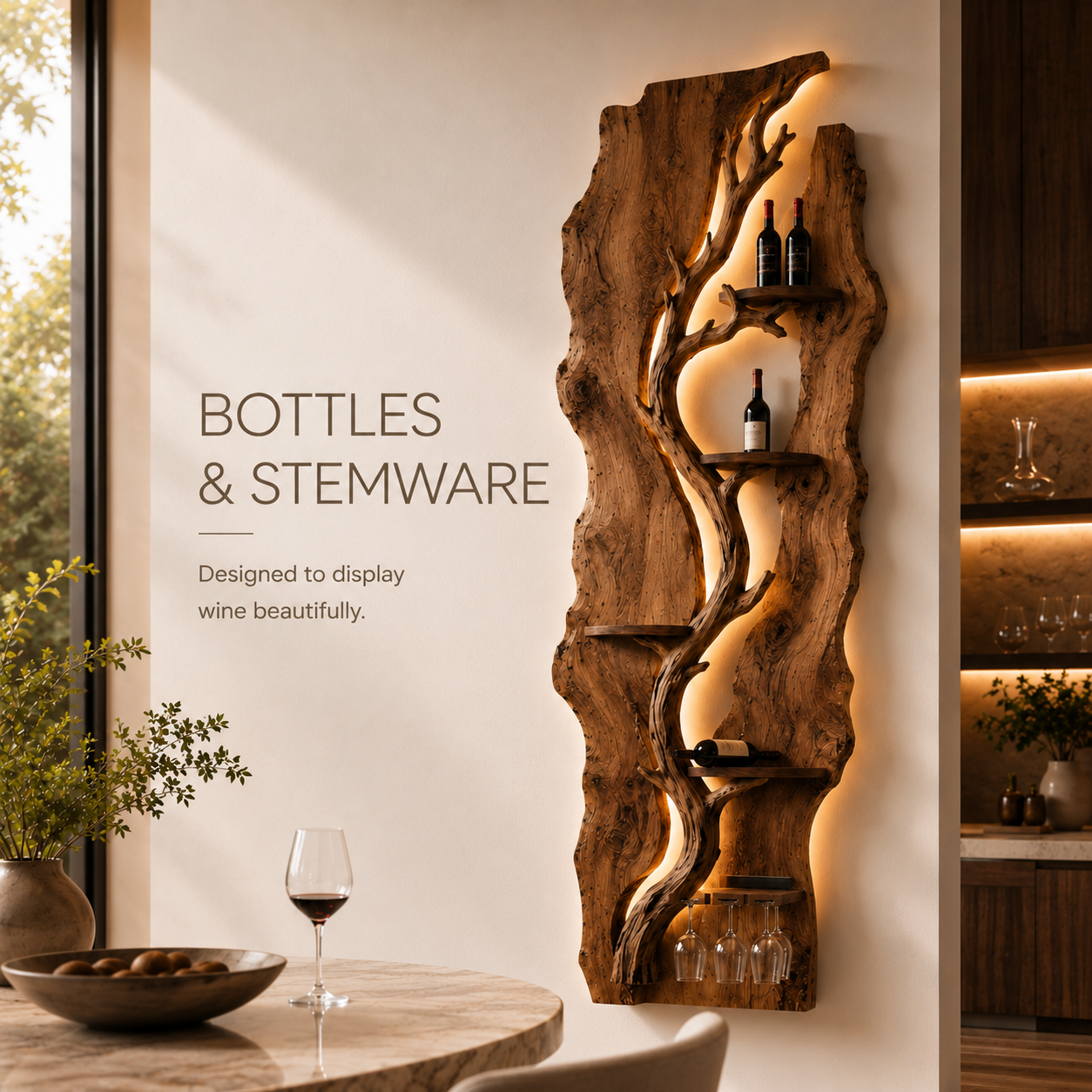 Solid Wood Wall Wine Rack with Glass Holder - River Form - product image 07