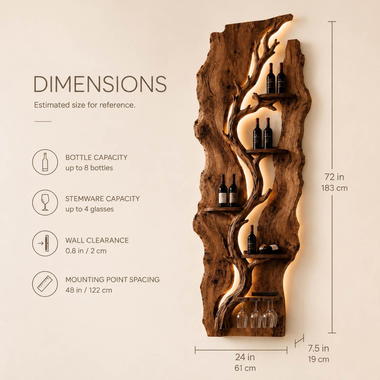 Solid Wood Wall Wine Rack with Glass Holder - River Form - product image 08