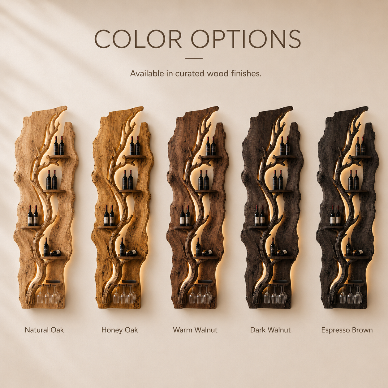 Solid Wood Wall Wine Rack with Glass Holder - River Form - product image 09