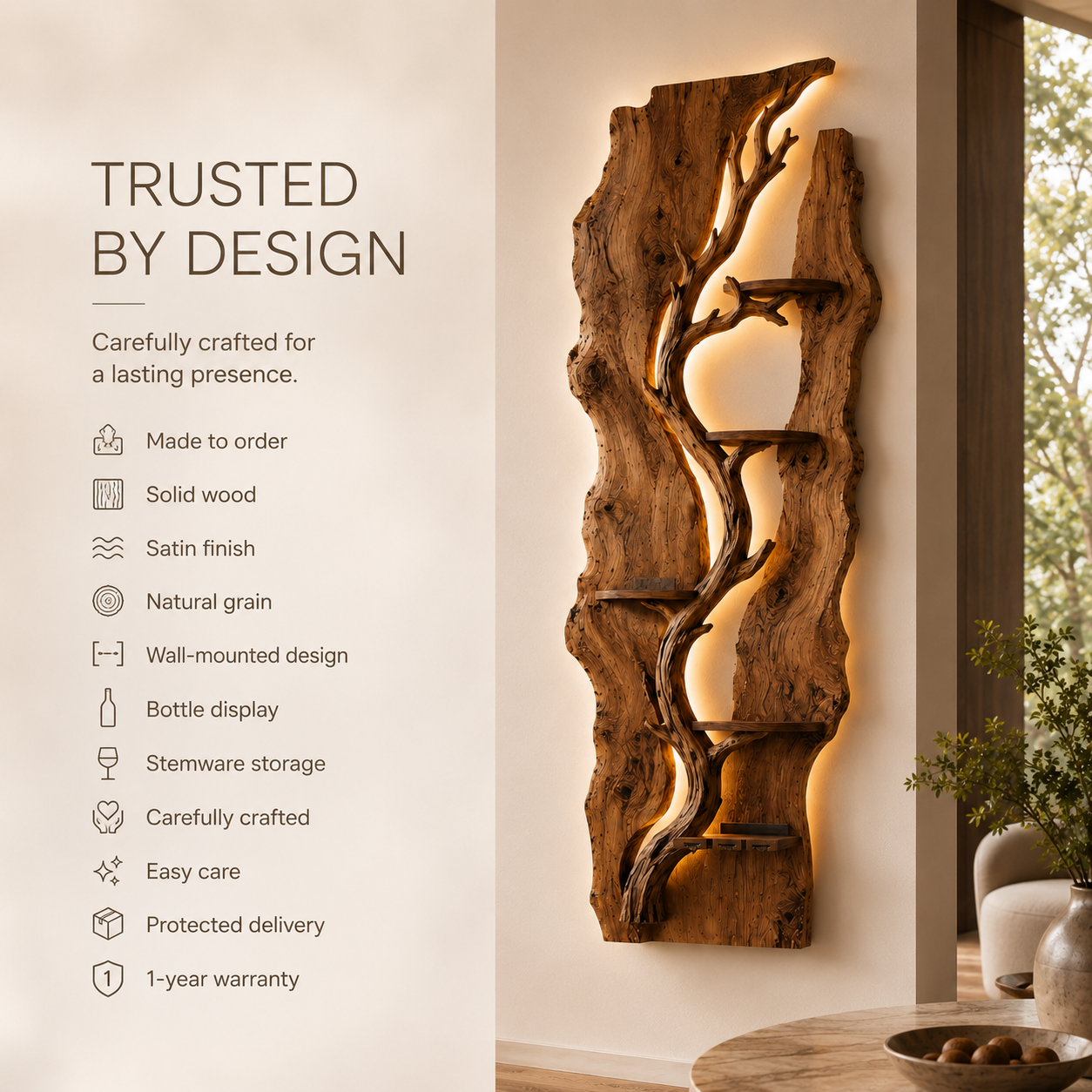 Solid Wood Wall Wine Rack with Glass Holder - River Form - product image 10