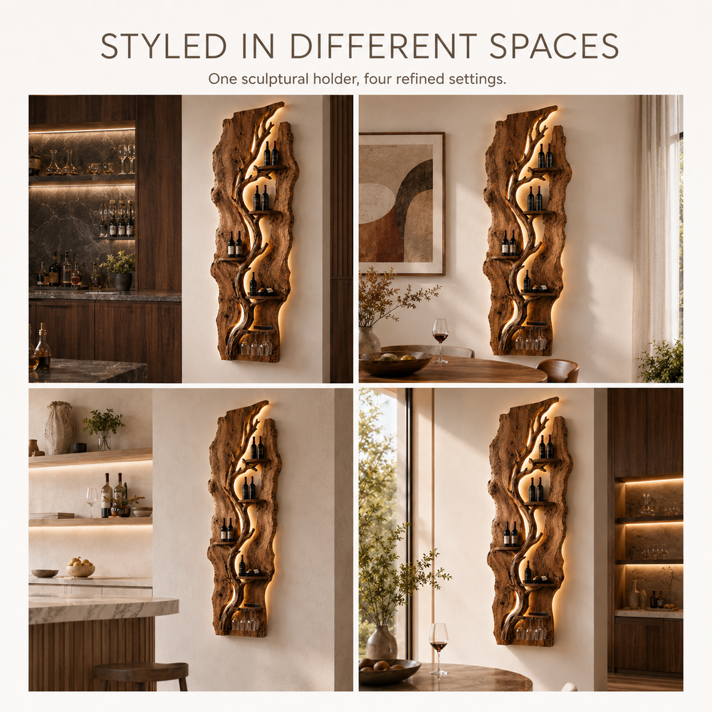 Solid Wood Wall Wine Rack with Glass Holder - River Form - product image 11