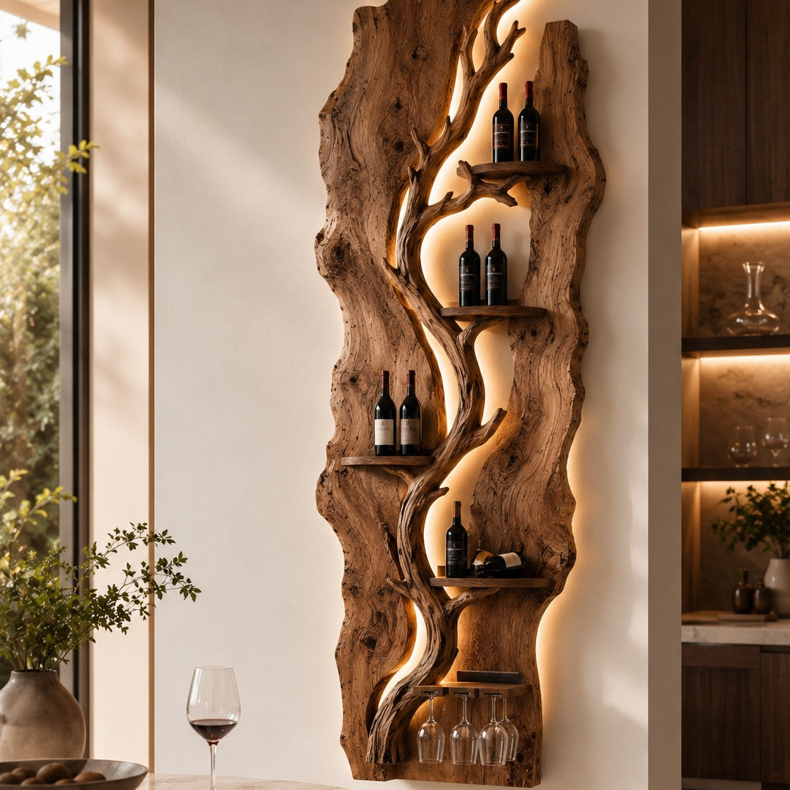Solid Wood Wall Wine Rack with Glass Holder - River Form - square cover image