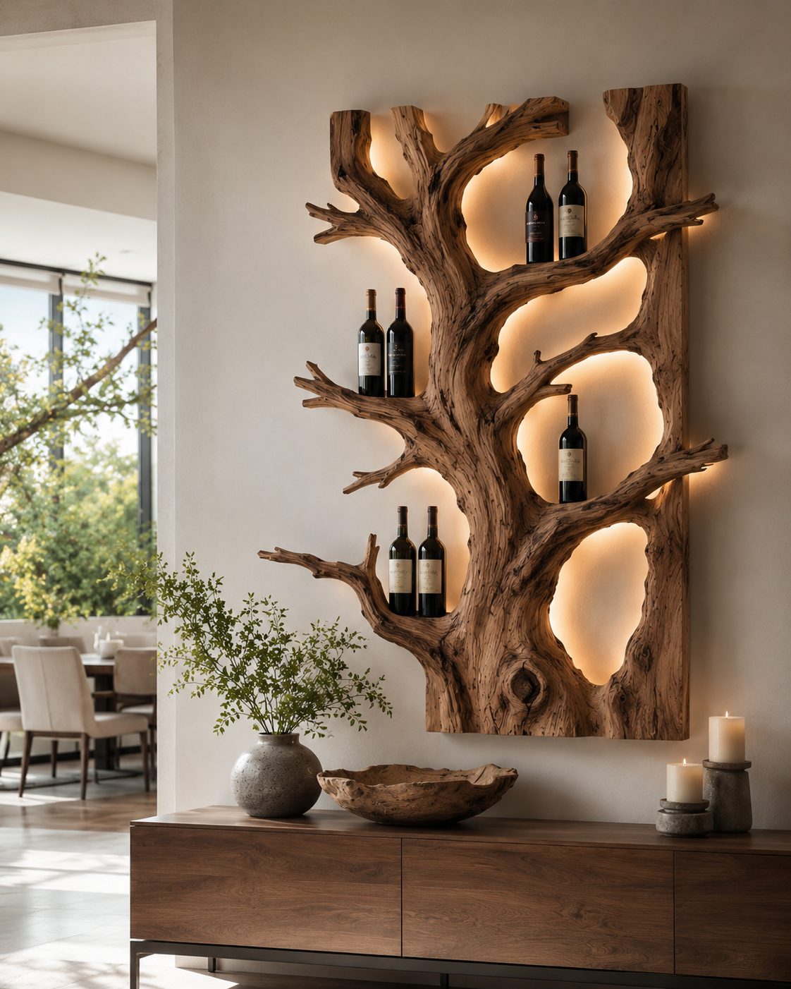 Solid Wood Wall Wine Rack with Glass Holder - Cellular Display - main view