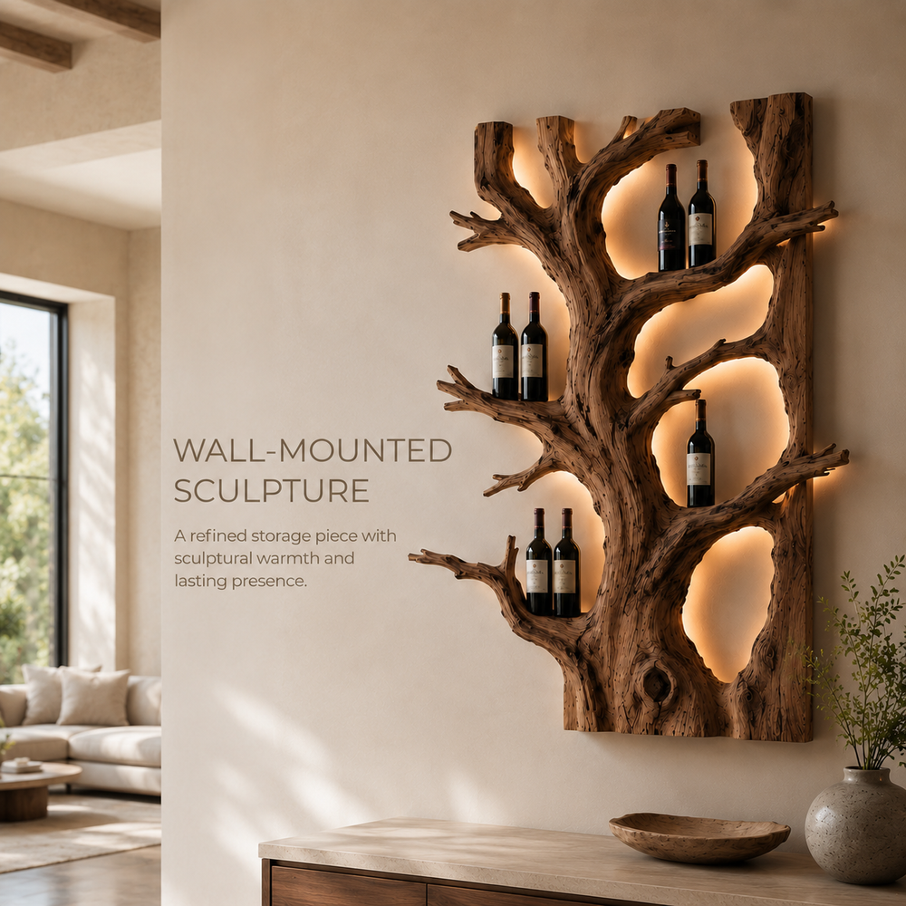 Solid Wood Wall Wine Rack with Glass Holder - Cellular Display - product image 03