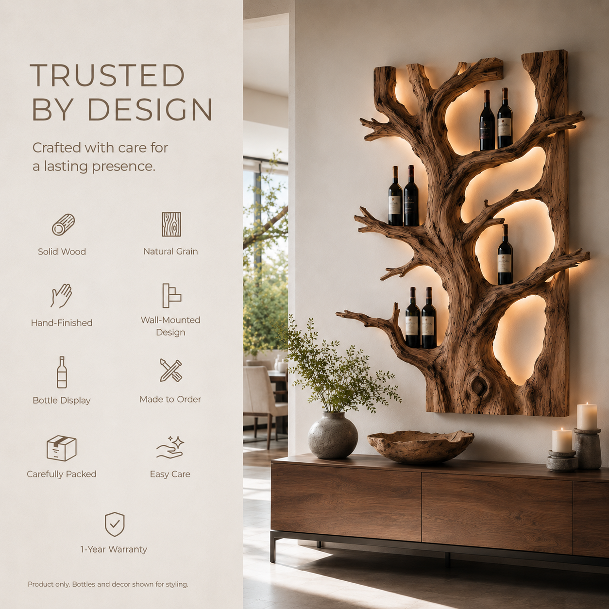 Solid Wood Wall Wine Rack with Glass Holder - Cellular Display - product image 10