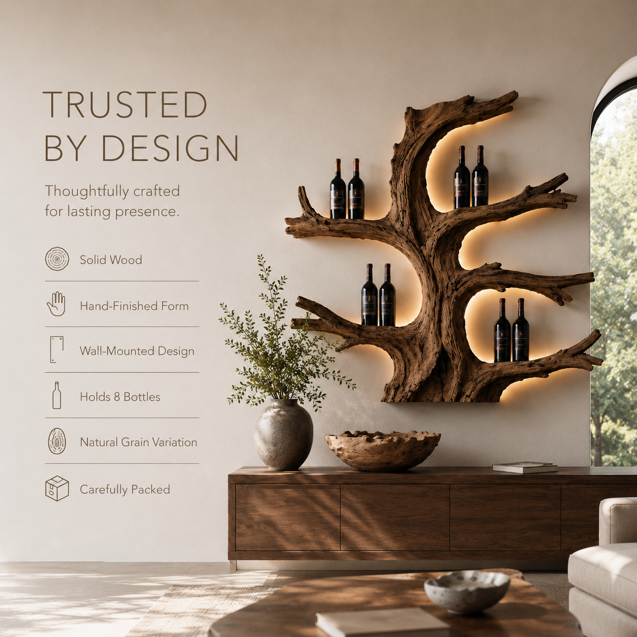 Solid Wood Wall Wine Rack with Glass Holder - Gallery Wave - product image 09