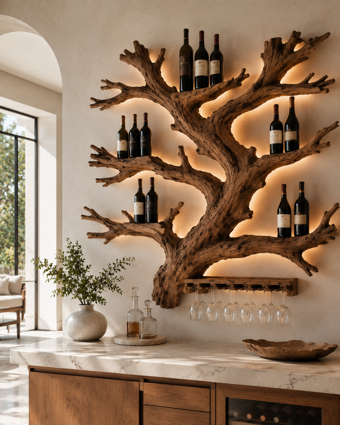Solid Wood Wall Wine Rack with Glass Holder - Gallery Wave - main view