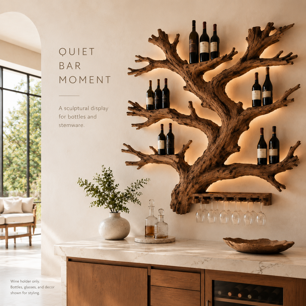 Solid Wood Wall Wine Rack with Glass Holder - Gallery Wave - product image 02