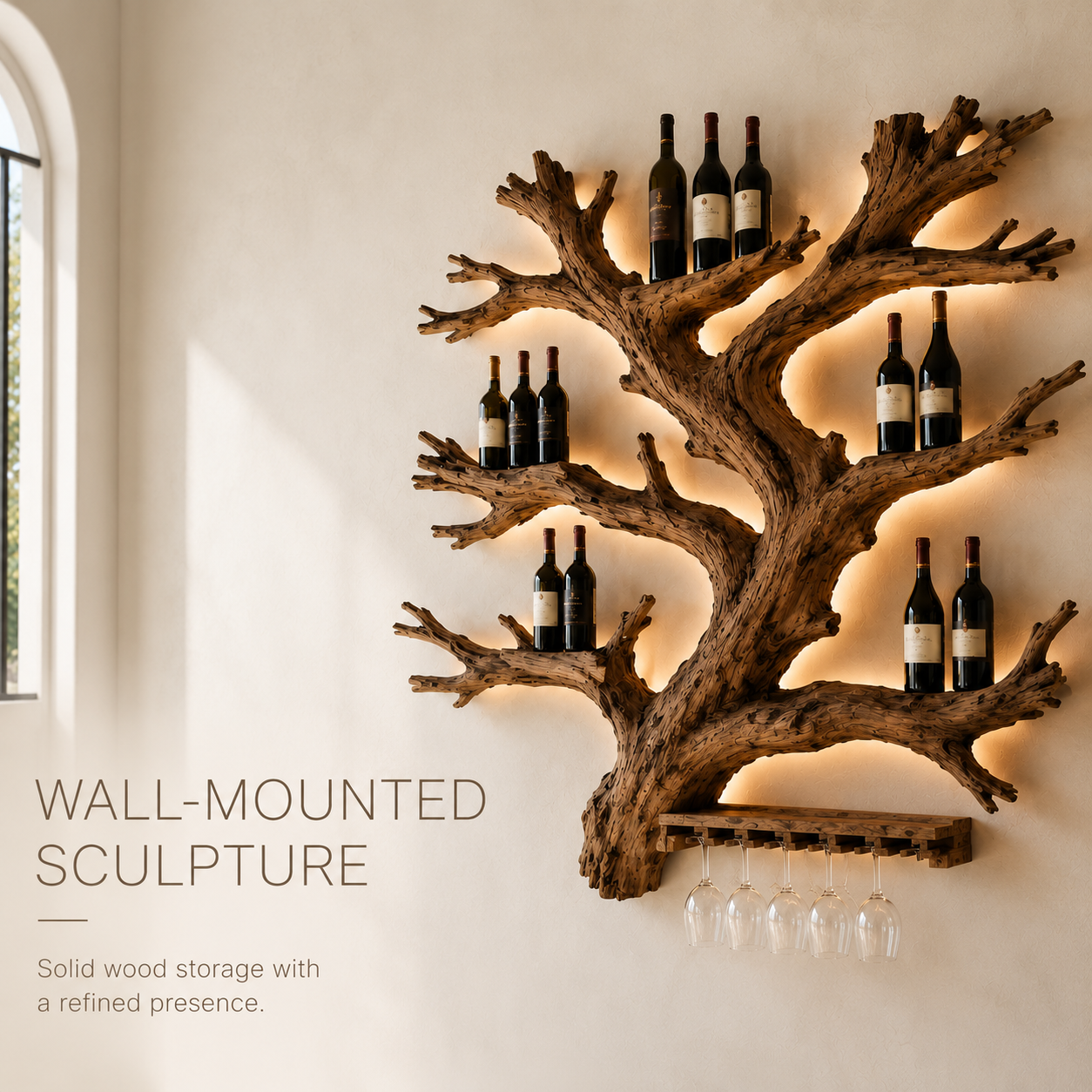 Solid Wood Wall Wine Rack with Glass Holder - Gallery Wave - product image 04