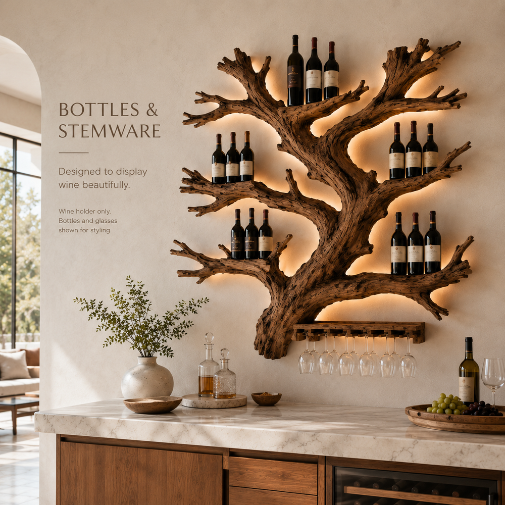 Solid Wood Wall Wine Rack with Glass Holder - Gallery Wave - product image 08