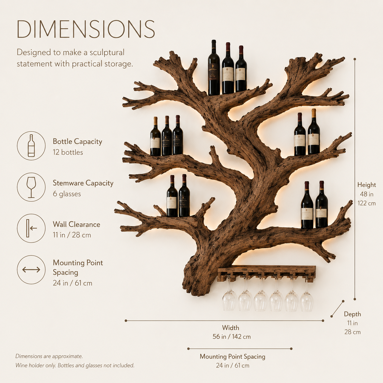 Solid Wood Wall Wine Rack with Glass Holder - Gallery Wave - product image 09