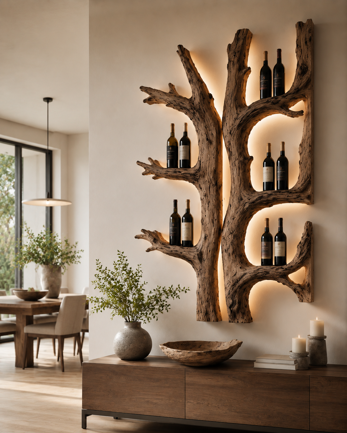 Solid Wood Wall Wine Rack with Glass Holder - Carved Halo - main view