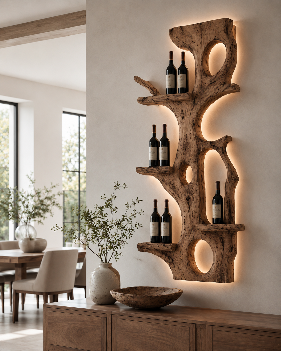 Solid Wood Wall Wine Rack with Glass Holder - Root Form - main view