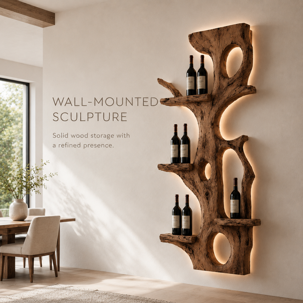 Solid Wood Wall Wine Rack with Glass Holder - Root Form - product image 03