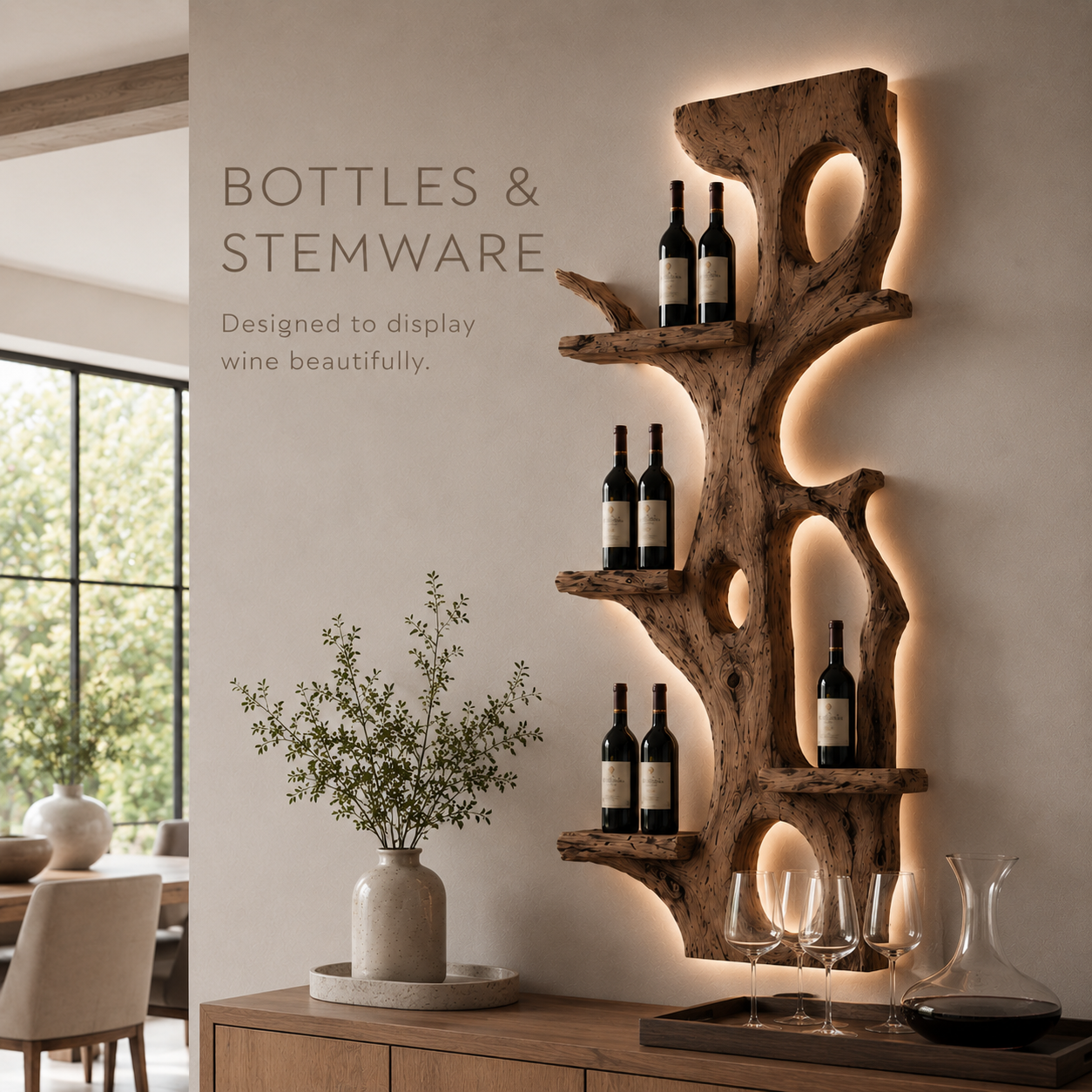 Solid Wood Wall Wine Rack with Glass Holder - Root Form - product image 08