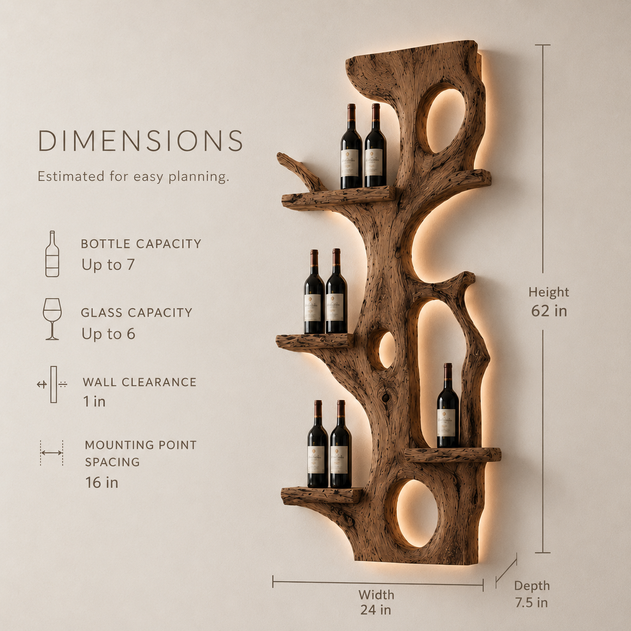 Solid Wood Wall Wine Rack with Glass Holder - Root Form - product image 09