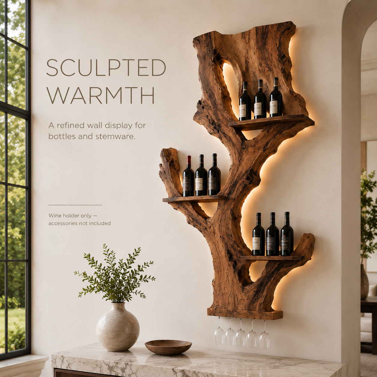 Solid Wood Wall Wine Rack with Glass Holder - Crescent Wall - product image 02