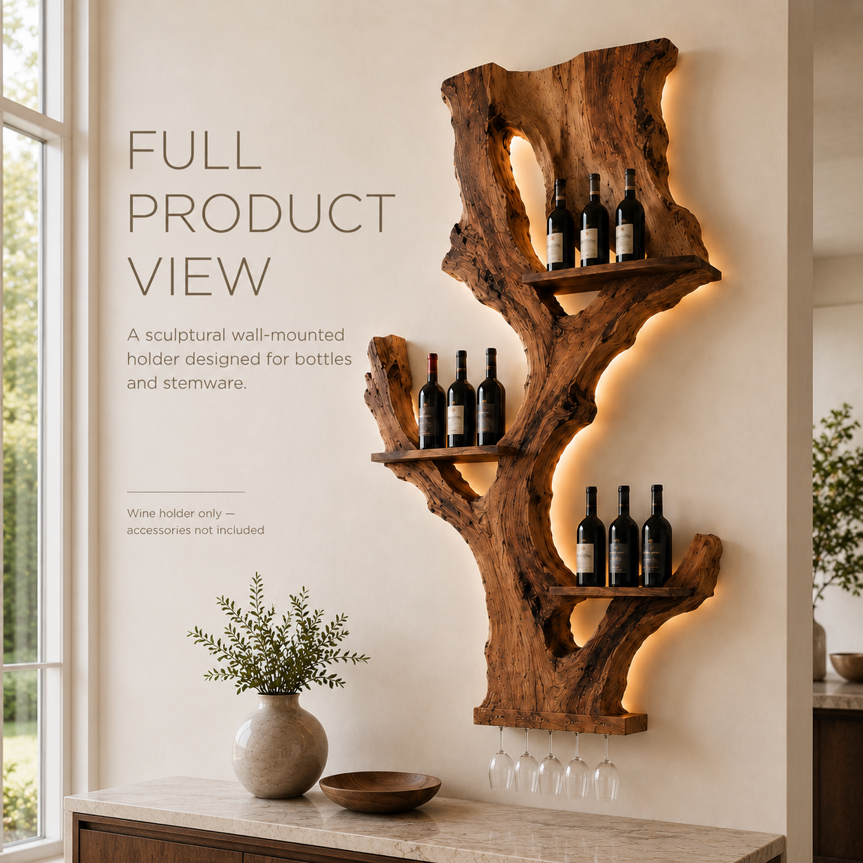 Solid Wood Wall Wine Rack with Glass Holder - Crescent Wall - product image 03