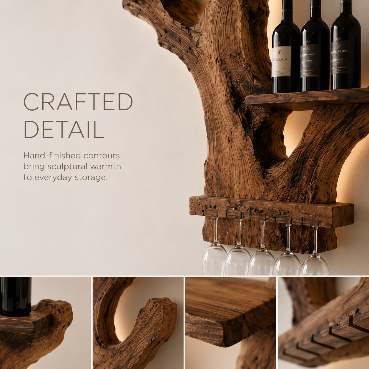 Solid Wood Wall Wine Rack with Glass Holder - Crescent Wall - product image 06