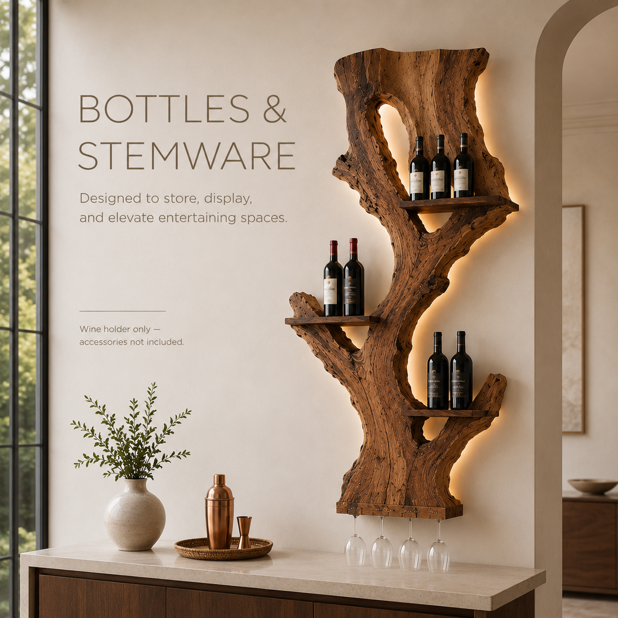 Solid Wood Wall Wine Rack with Glass Holder - Crescent Wall - product image 08