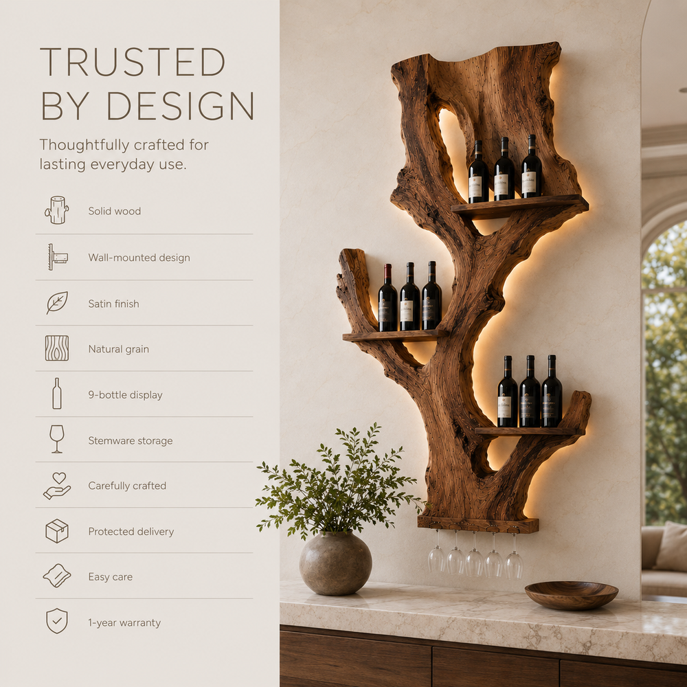Solid Wood Wall Wine Rack with Glass Holder - Crescent Wall - product image 10