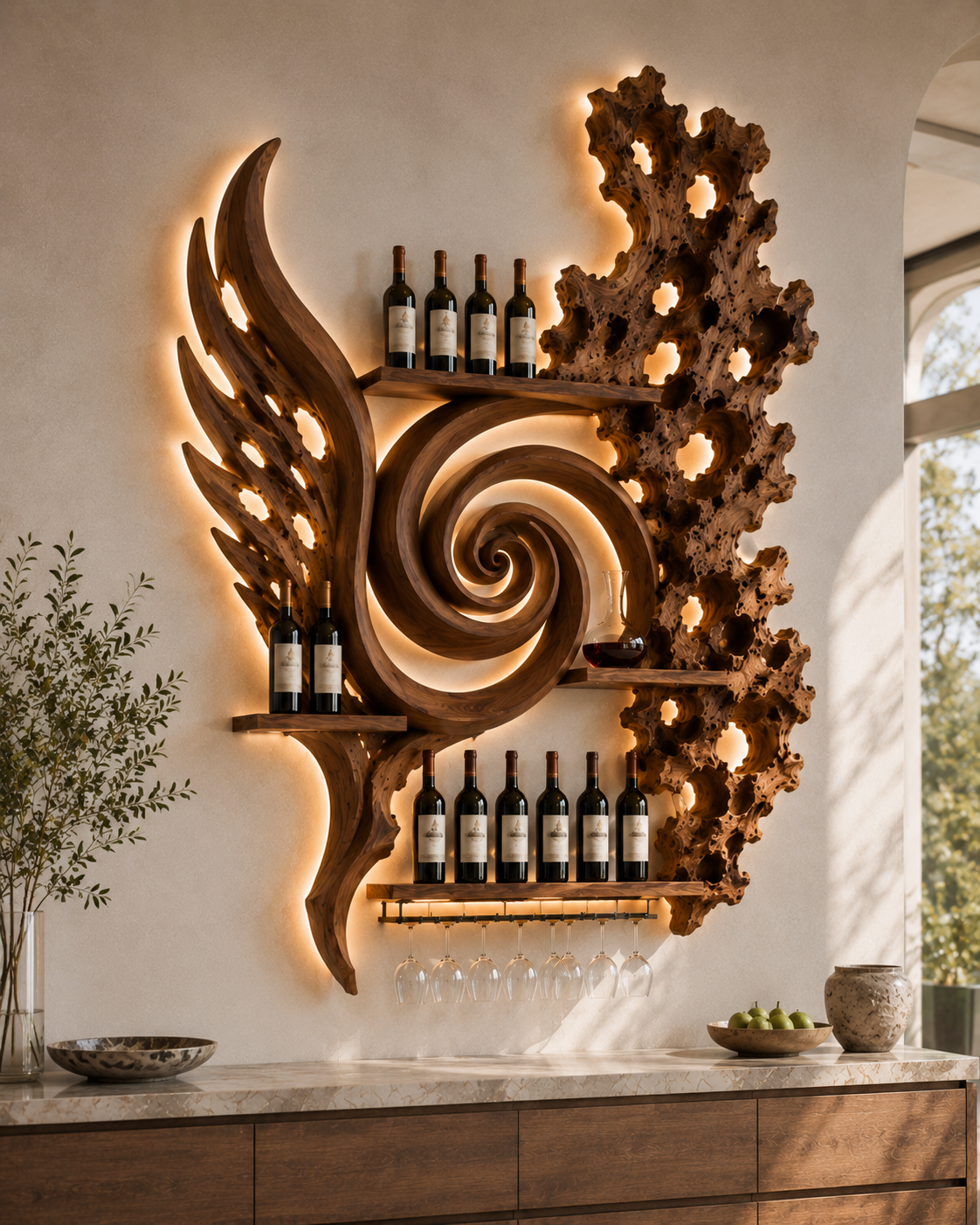 Solid Wood Wall Wine Rack with Glass Holder - River Form - main view