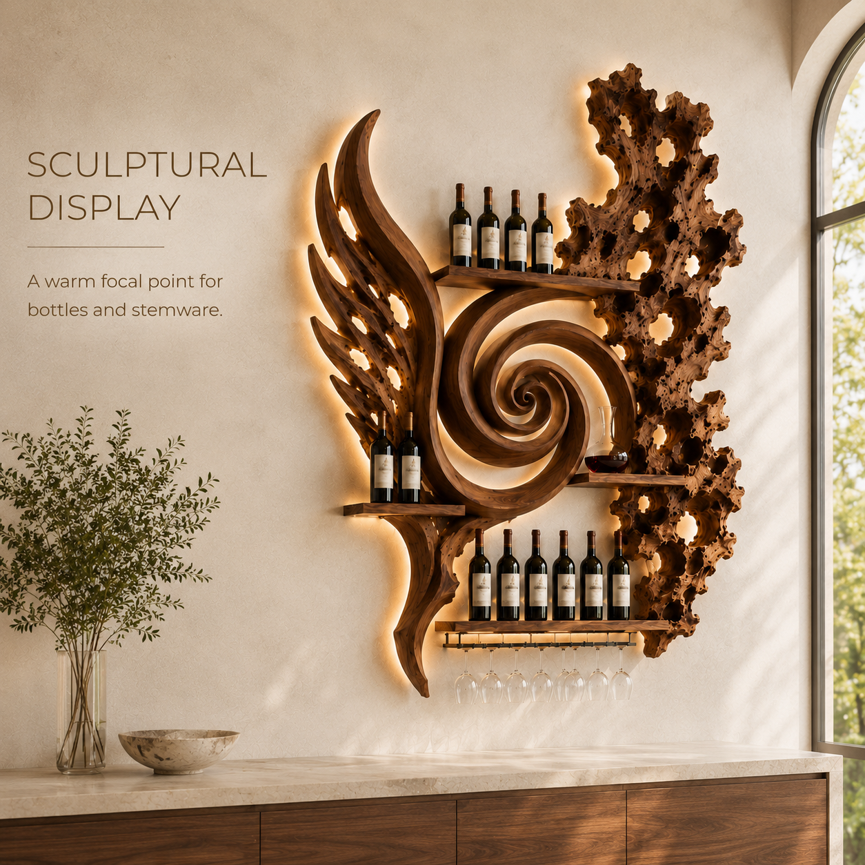 Solid Wood Wall Wine Rack with Glass Holder - River Form - product image 02