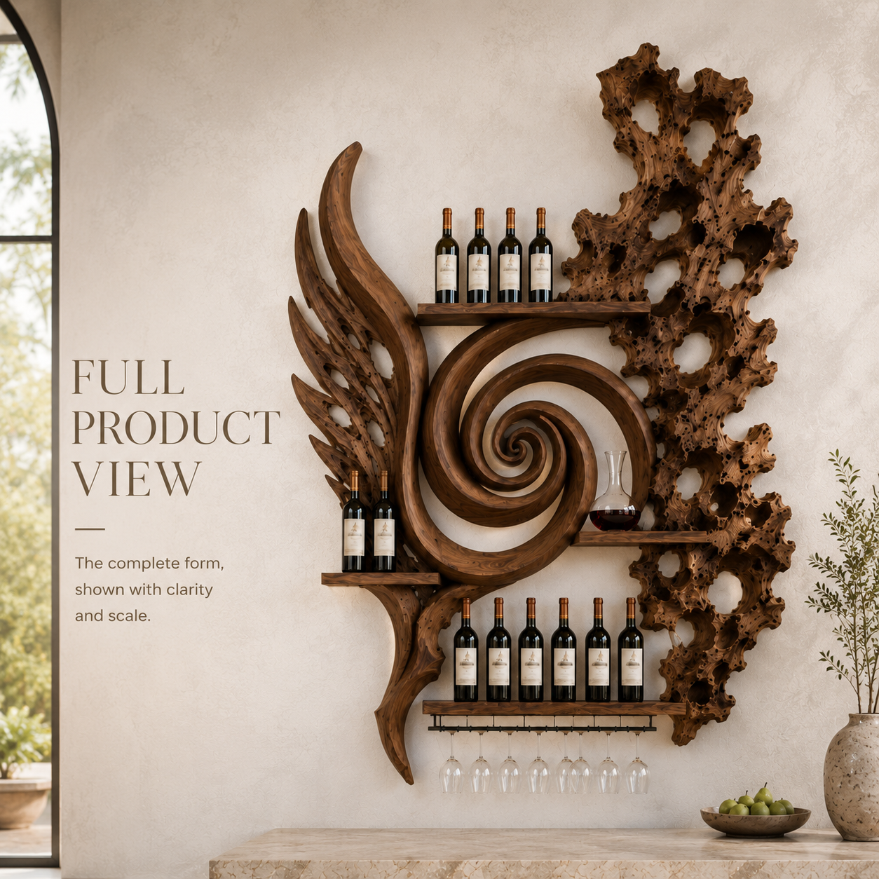 Solid Wood Wall Wine Rack with Glass Holder - River Form - product image 03