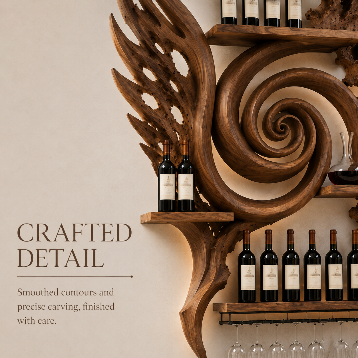 Solid Wood Wall Wine Rack with Glass Holder - River Form - product image 06