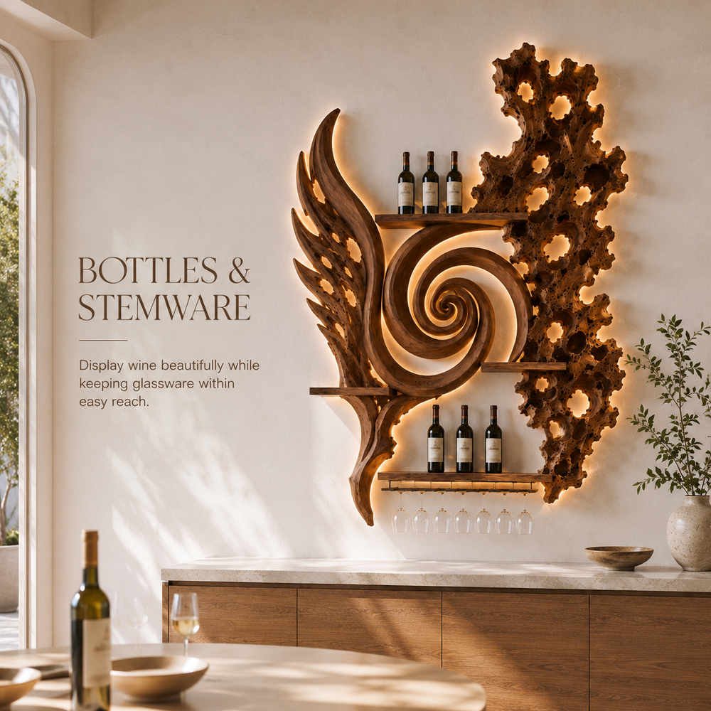 Solid Wood Wall Wine Rack with Glass Holder - River Form - product image 07