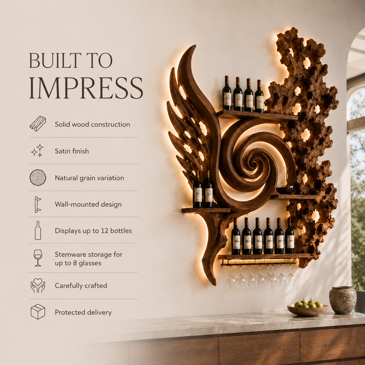 Solid Wood Wall Wine Rack with Glass Holder - River Form - product image 09