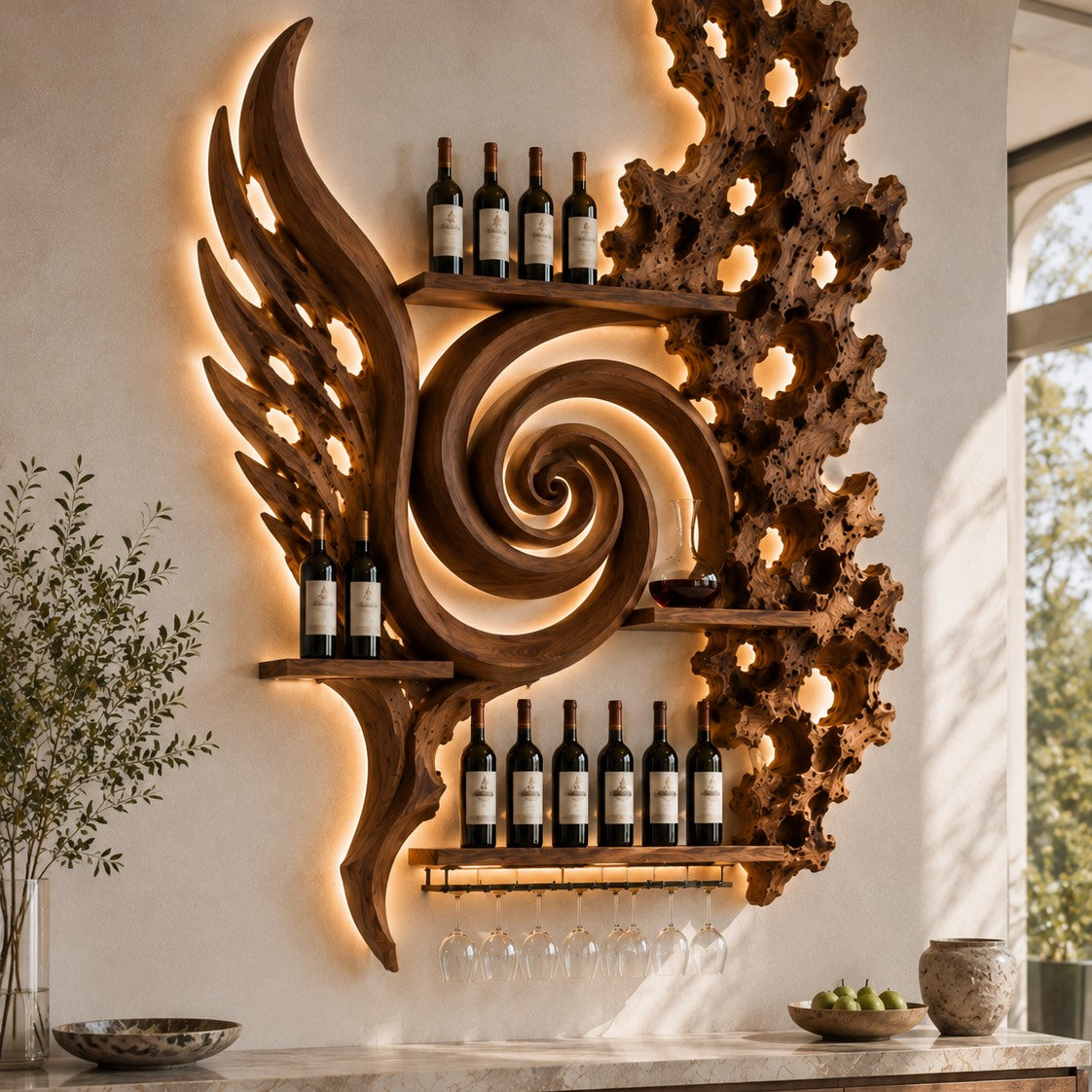 Solid Wood Wall Wine Rack with Glass Holder - River Form - square cover image