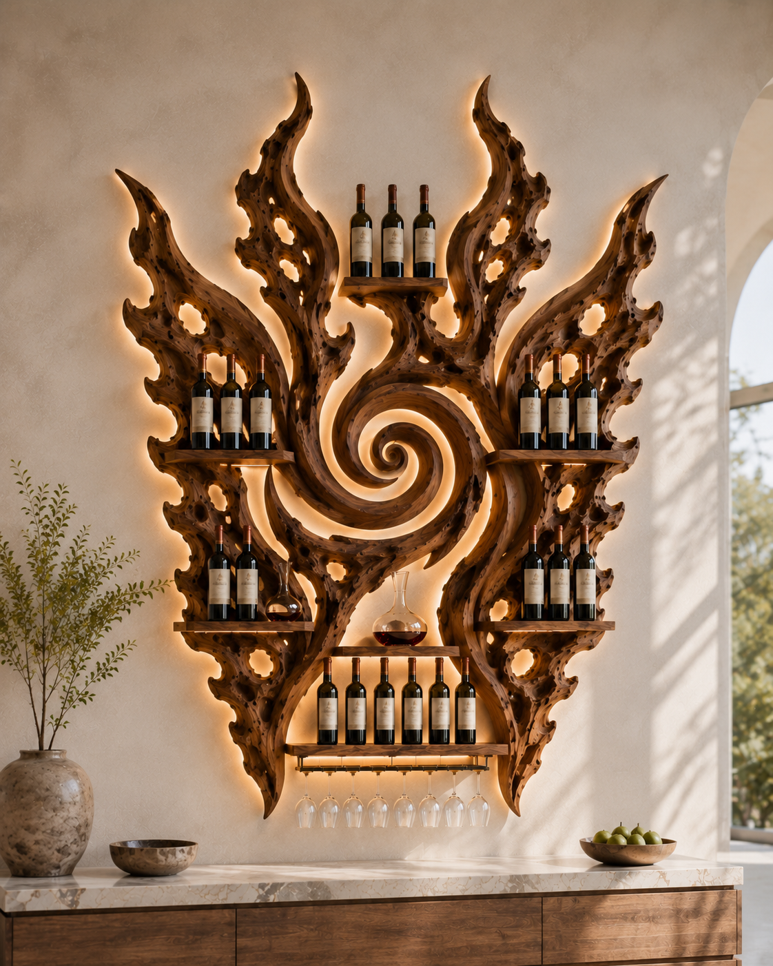 Solid Wood Wall Wine Rack with Glass Holder - Cellular Display - main view