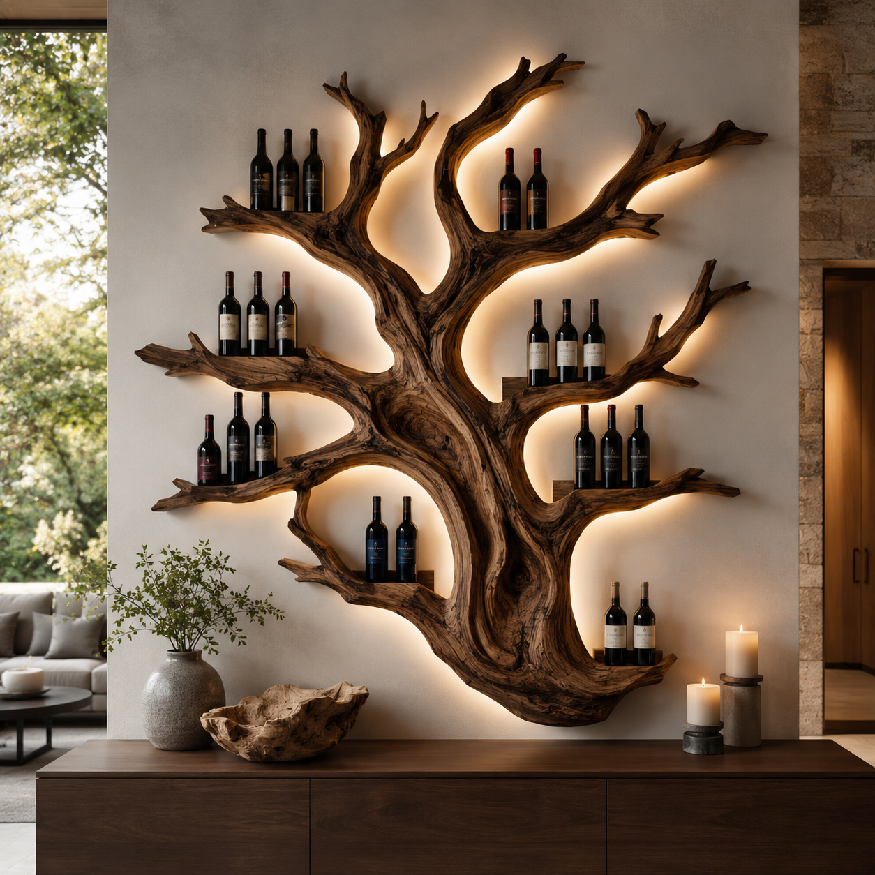 Solid Wood Wall Wine Rack with Glass Holder - Gallery Wave - main view