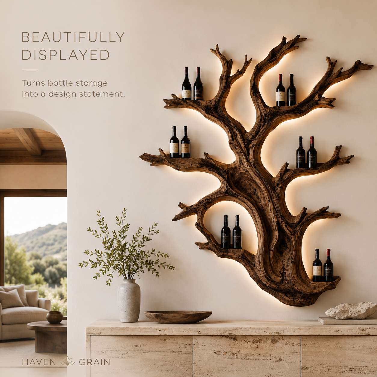 Solid Wood Wall Wine Rack with Glass Holder - Gallery Wave - product image 07