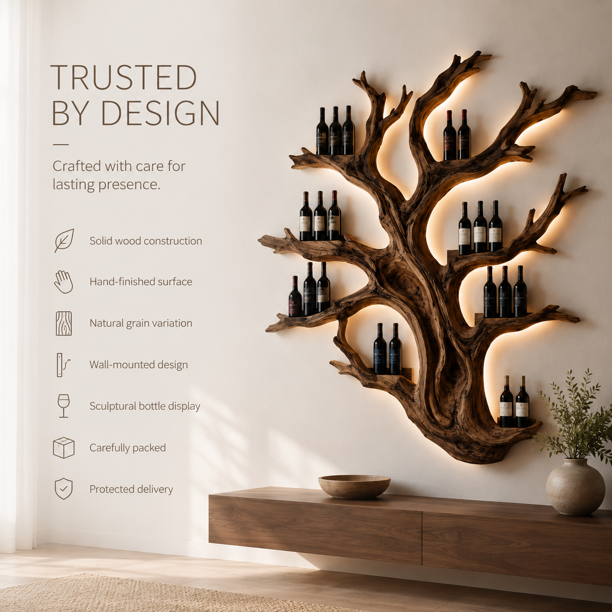 Solid Wood Wall Wine Rack with Glass Holder - Gallery Wave - product image 09